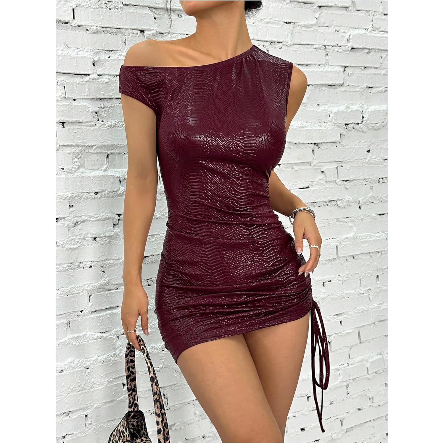 Women's Off Shoulder Pu Leather Mini Dress Sexy Drawstring Ruched Party Club Short Dresses