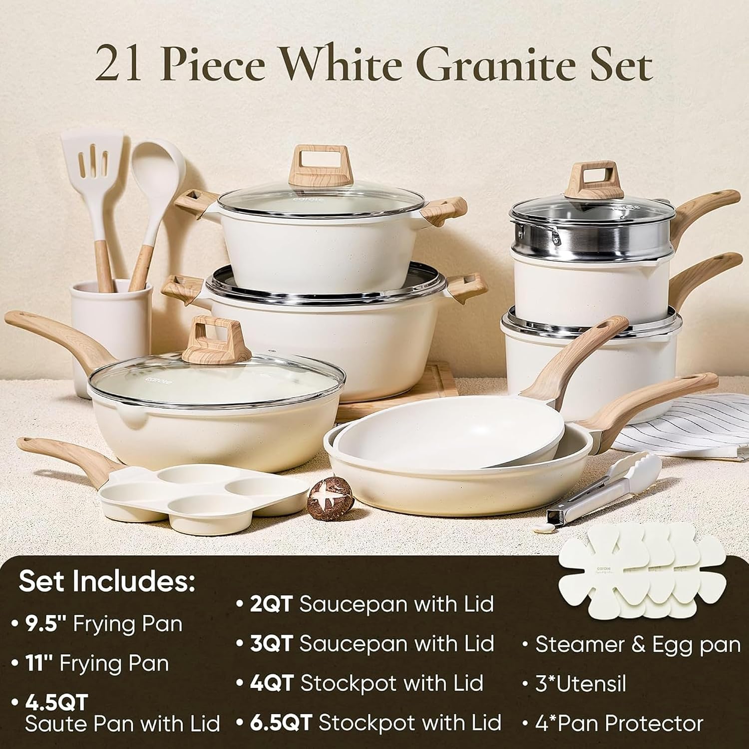 Carote 21Pcs Pots And Pans Set, Nonstick Cookware Sets, Induction Cookware Kitchen Set Non Stick Cooking Set W/Frying Pans & Saucepans (Pfos, Pfoa Free)