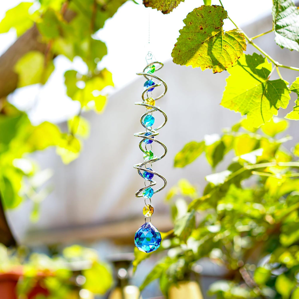20.5In Sea Blue Crystal Gazing Ball Spiral Wind Spinner Suncatcher | Sea Blue Crystal Gazing Ball Spiral Wind Spinner Rainbow Maker Sun Catcher With Chain For Indoor Outdoor Garden Decor