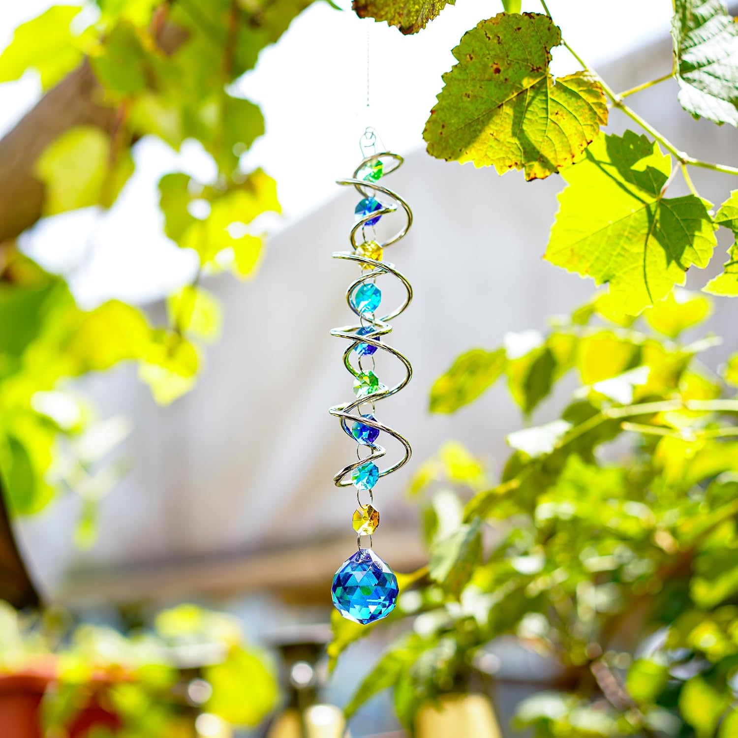 20.5In Sea Blue Crystal Gazing Ball Spiral Wind Spinner Suncatcher | Sea Blue Crystal Gazing Ball Spiral Wind Spinner Rainbow Maker Sun Catcher With Chain For Indoor Outdoor Garden Decor
