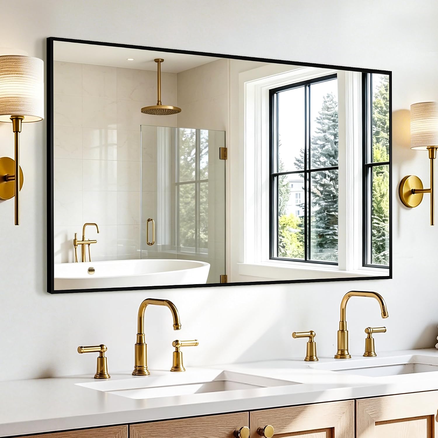 Rectangular Bathroom Mirror, 55"X30" Black Metal Framed Vanity Mirror, Hd Shatterproof Wall Mirror, Horizontal Or Vertical Hanging, Easy Installation For Bathroom, Bedroom, Living Room, Entryway