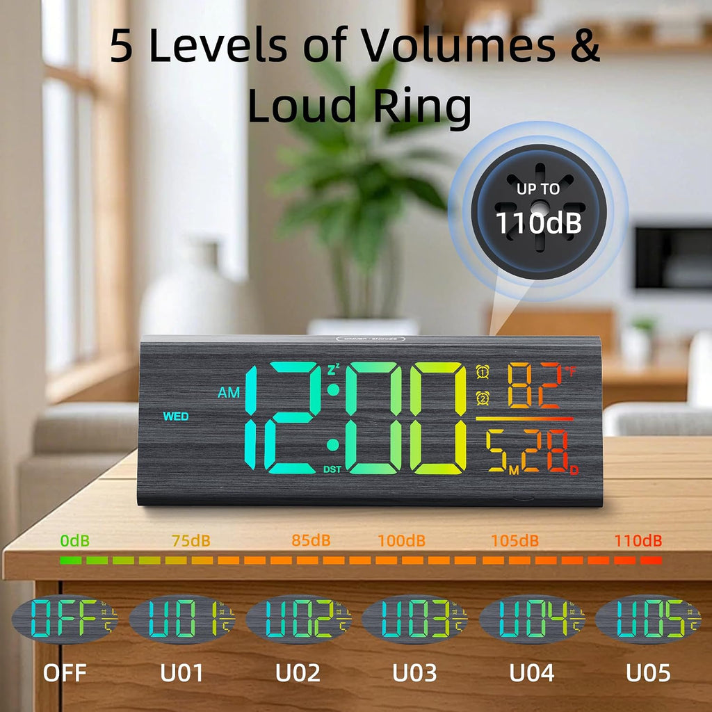 Solid Wood Digital Alarm Clock For Bedroom - 8.8 Inch Large Display, Multicolor Backlight Time Display, Dual Alarms, Date/Temp/Day, Dst, Snooze, Black