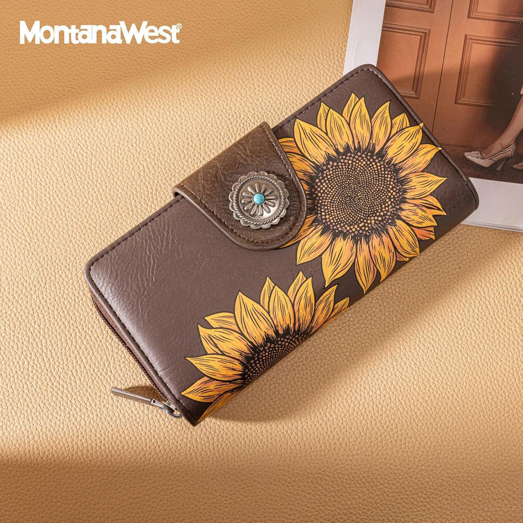 Montana West Women's Wallets Western Sunflower Wallet Women Large Capacity Credit Card Wallet Ladies Female Bifold Clutch Wallets with ID Window and Coin Purse