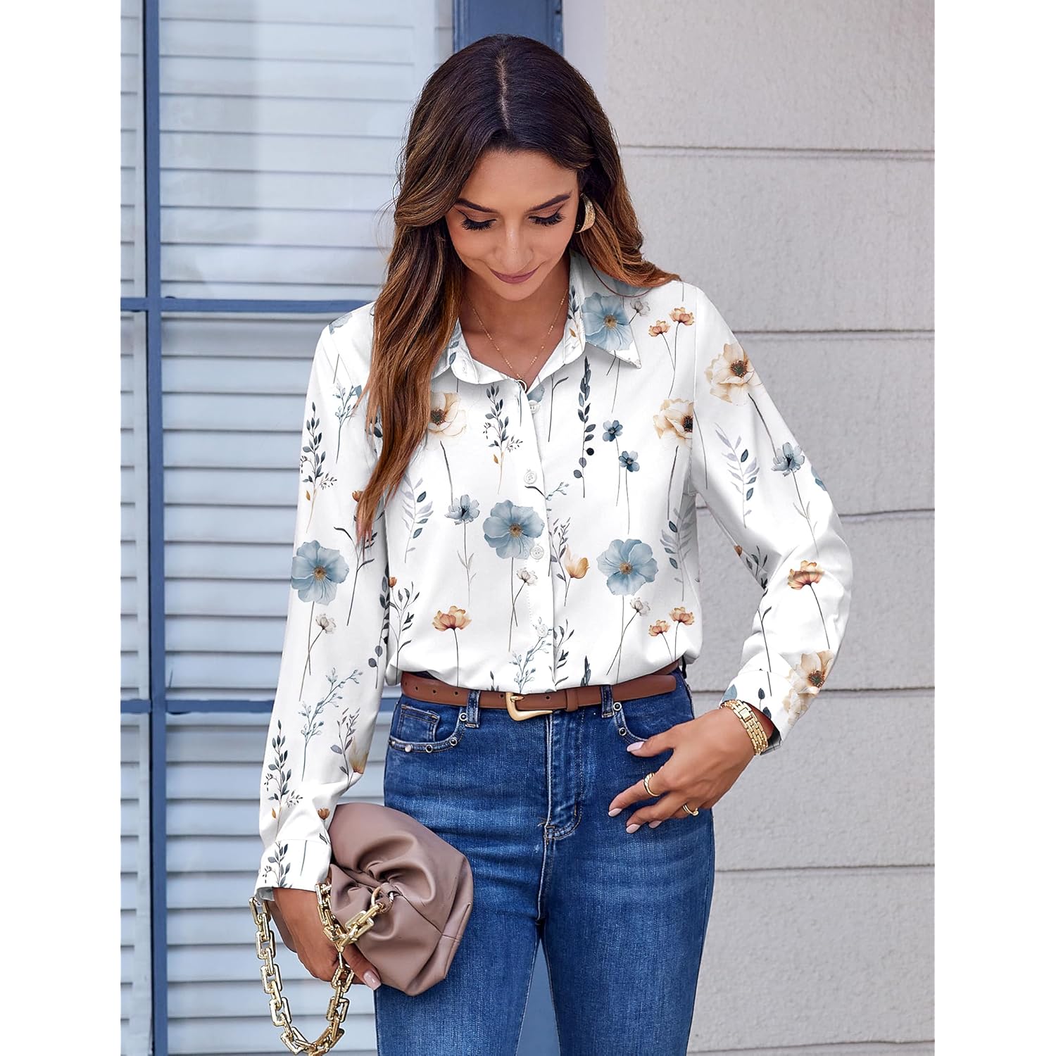 Button Down Shirts for Women Dressy Floral Printed Long Sleeve Blouse Business Casual Work Tops