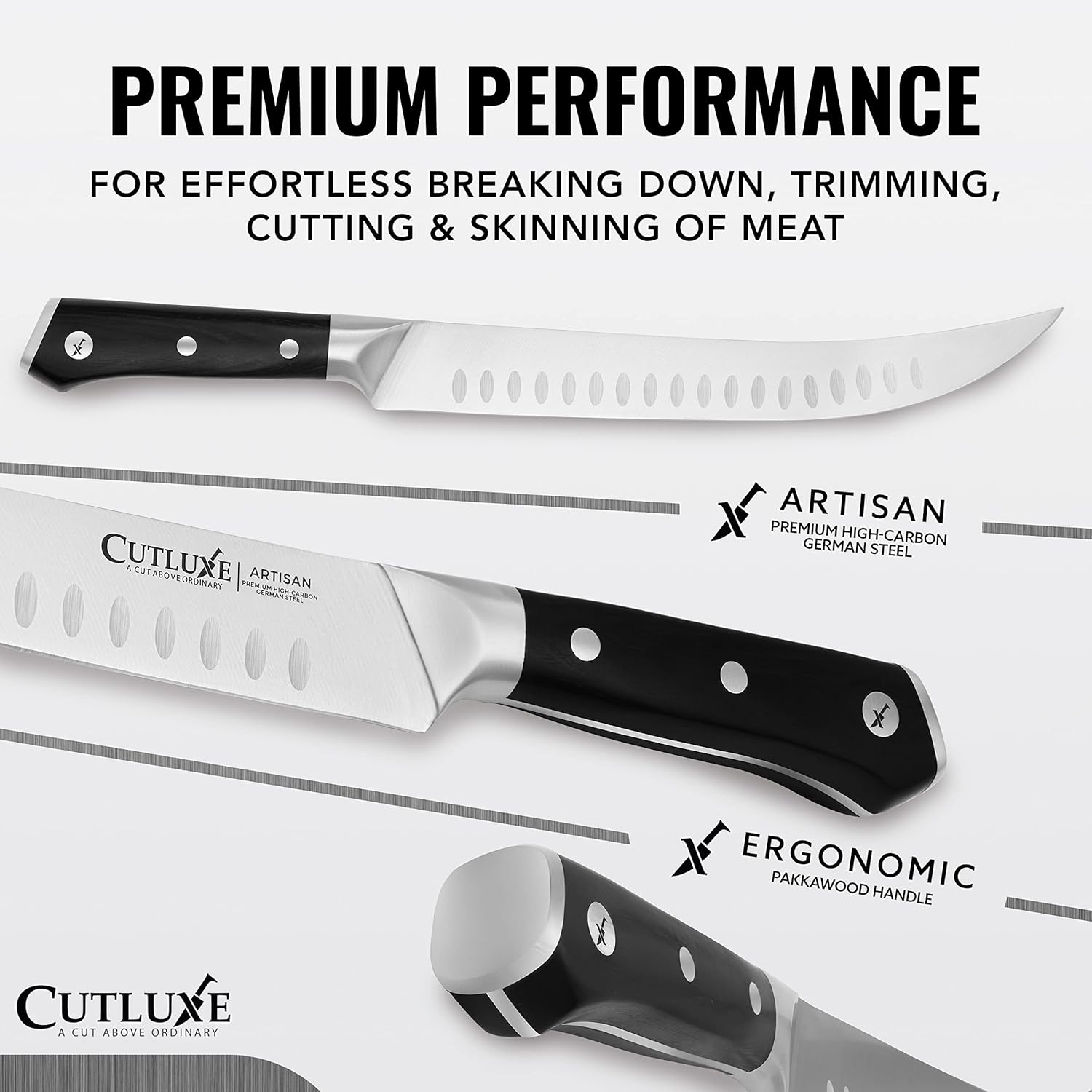 Cutluxe Butcher Knife – 10″ Cimeter Breaking Knife, Razor Sharp Forged High Carbon German Steel, Full Tang Meat Carving Knife, Ergonomic Handle Design, Grilling Gifts for Men – Artisan Series