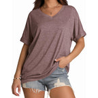 WIHOLL Womens Oversized Tshirts Summer Tops 2025 Short Sleeve V Neck Shirts Outfits Plus Size Clothes 1-brown Coffee