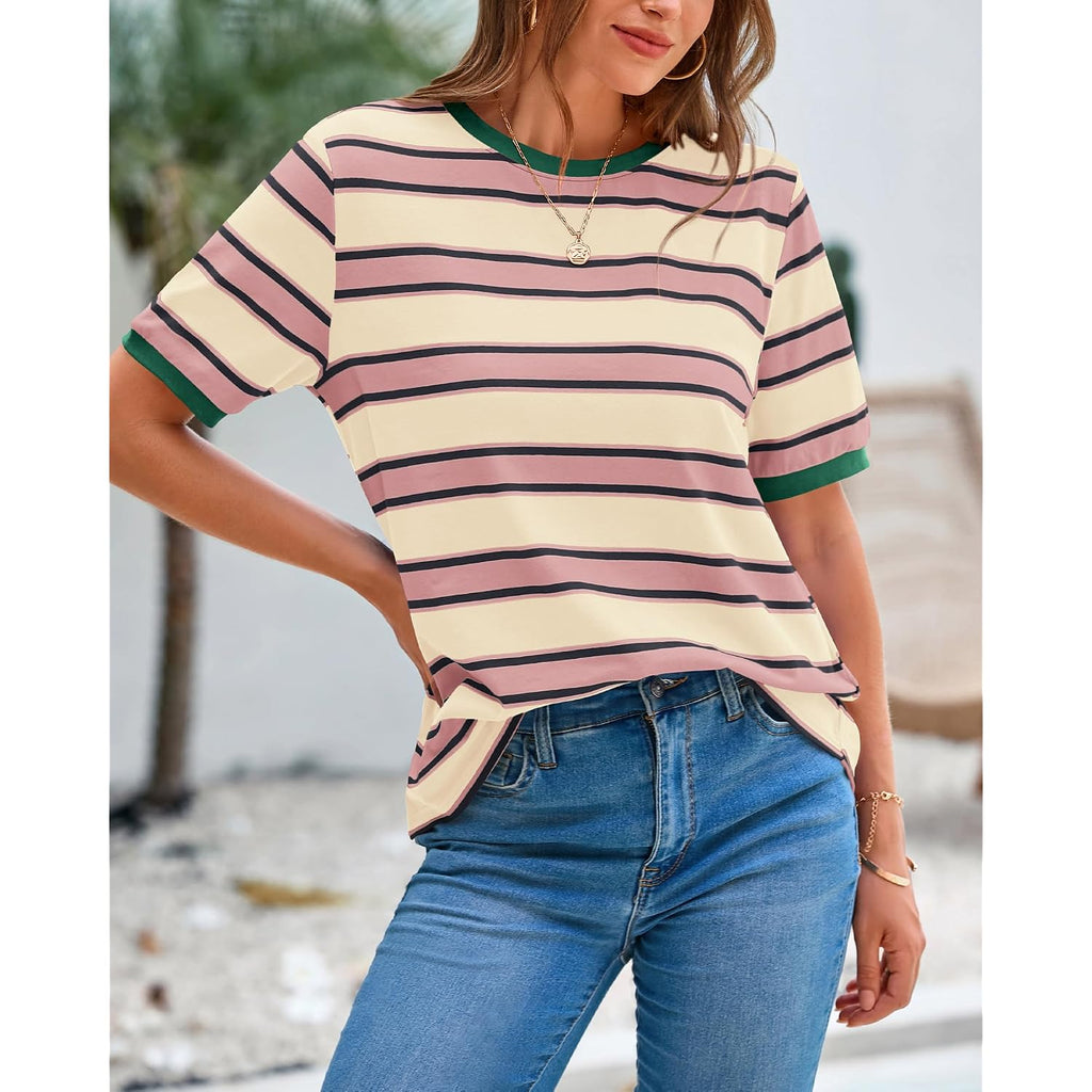 Btfbm Summer Tops For Women 2026 Crewneck Short Sleeve Striped T Shirts Casual Spring Clothes Color Block Basic Tee Blouses