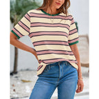Btfbm Summer Tops For Women 2026 Crewneck Short Sleeve Striped T Shirts Casual Spring Clothes Color Block Basic Tee Blouses