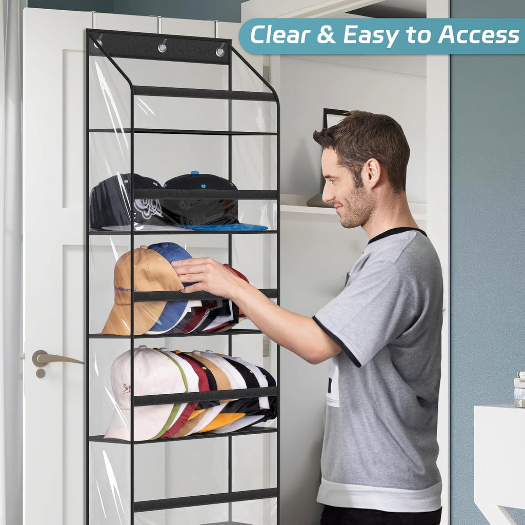 Clear Over The Door Hat Racks For Baseball Caps, Large Holds Up To 72 Caps Hat Storage Organizer For Closet Wall, Deep Pockets Hanging Hat Holder With 3 Hooks, Black