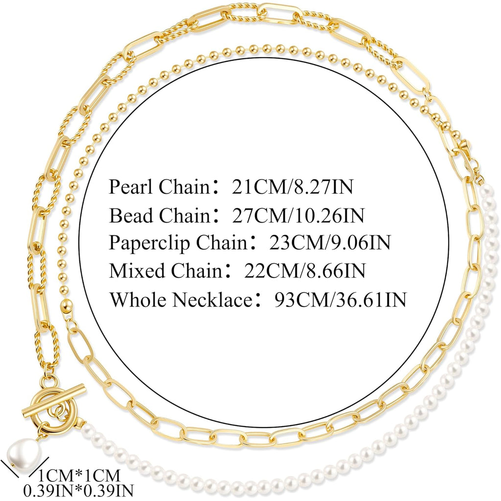 Gold Layered Pearl Chain Necklace for Women, 14K Gold Plated Pearl Link Toggle Clasp Necklace, Dainty Trendy Layered Choker Chunky Jewelry Fashion Gift for Women