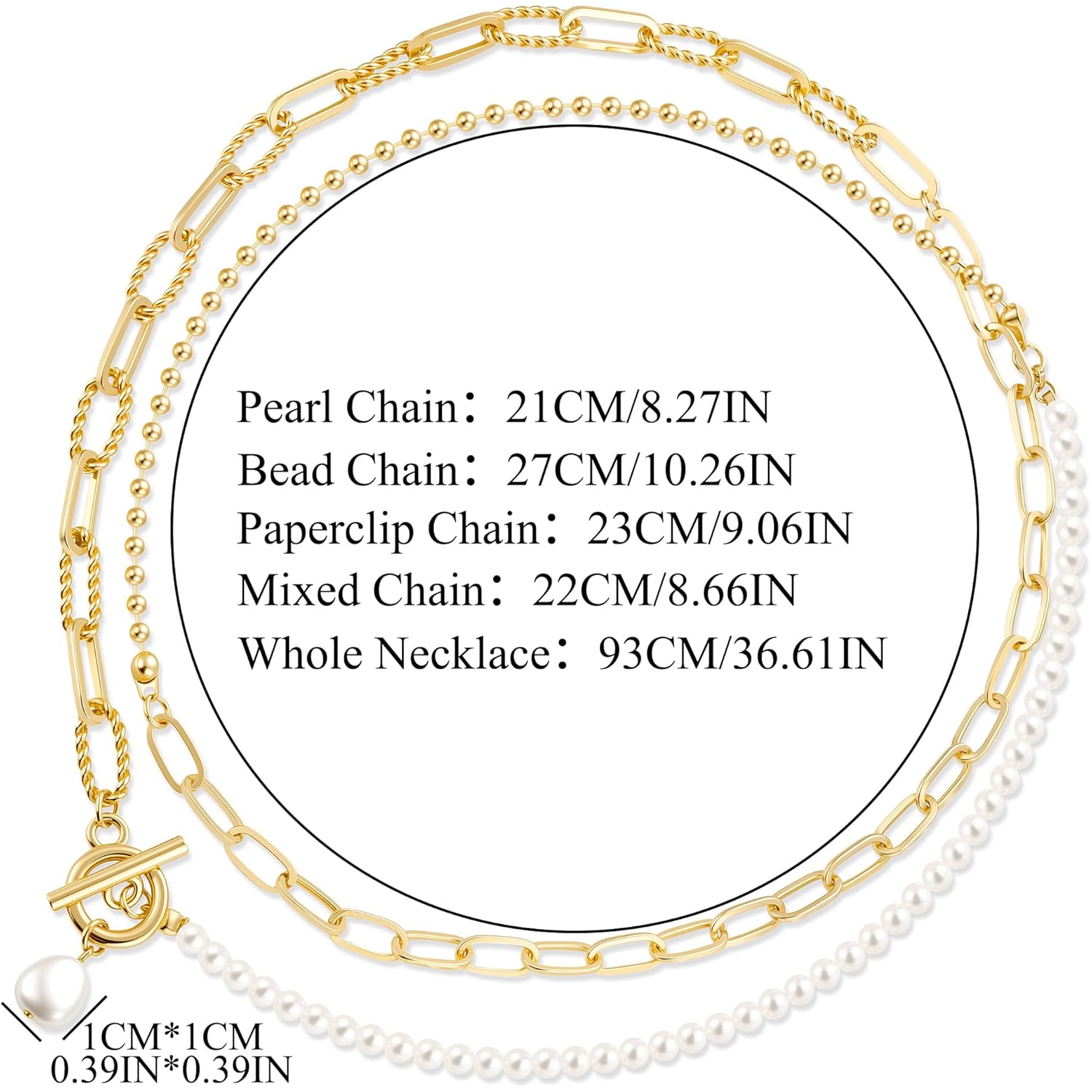 Gold Layered Pearl Chain Necklace for Women, 14K Gold Plated Pearl Link Toggle Clasp Necklace, Dainty Trendy Layered Choker Chunky Jewelry Fashion Gift for Women