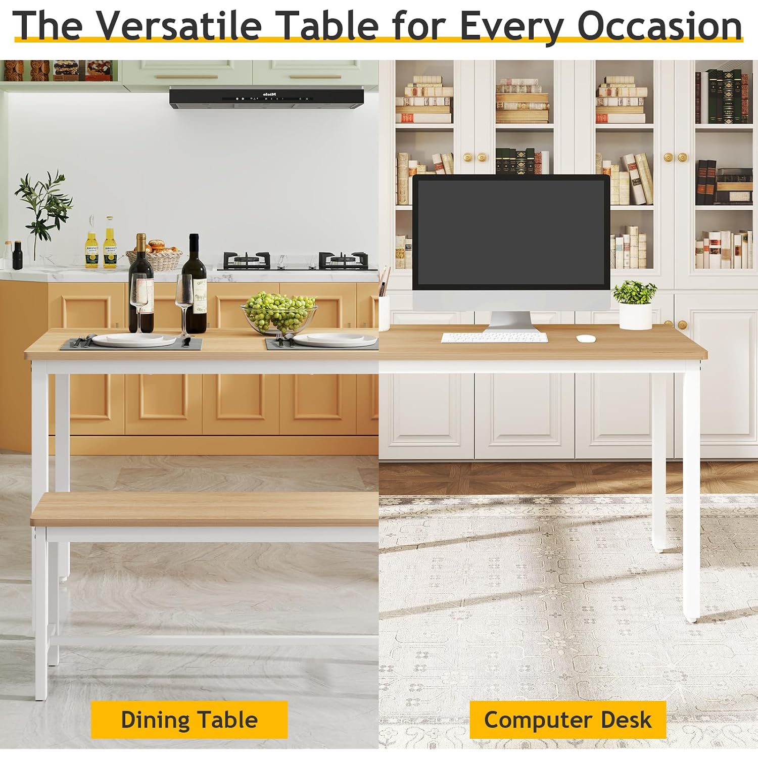 Rovibek 43" Dining Room Table Chairs Set For 4, Modern Space Saving Kitchen Table With 2 Benches & Adjustable Feet Breakfast Table, Wooden Industrial Style Farmhouse, White