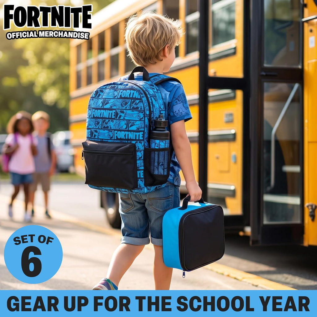 Get Trend Fortnite Boys Backpack 6Pc School Set With Lunch Bag Pencil Case | 18In Kids Book Bag With Water Bottle, 2 Keychains, Pencil Pouch, Insulated Cooler Bag, School Supplies, Gamer Gifts For Boys