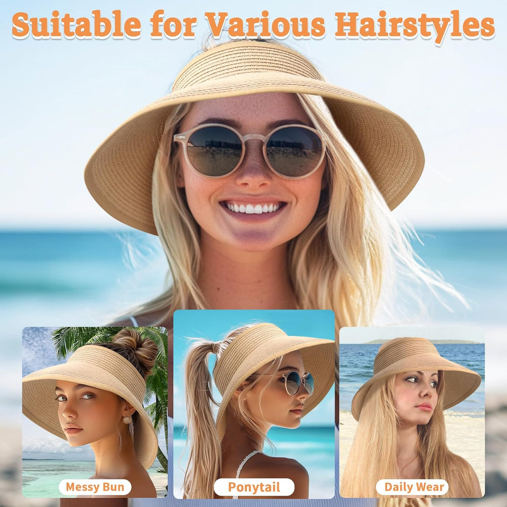 Sun Visor Hats for Women Straw Wide Brim Ponytail Beach Hat Packable Foldable UV Protection Travel Hats