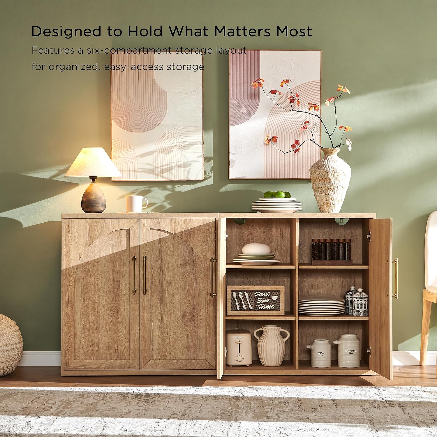 Arched Door Sideboard Buffet Cabinet Set Of 3, Natural Oak | Modular, Multi-Compartment Storage, Adjustable Shelf, Soft Close Hinges, Freestanding, For Dining Room, Living Room