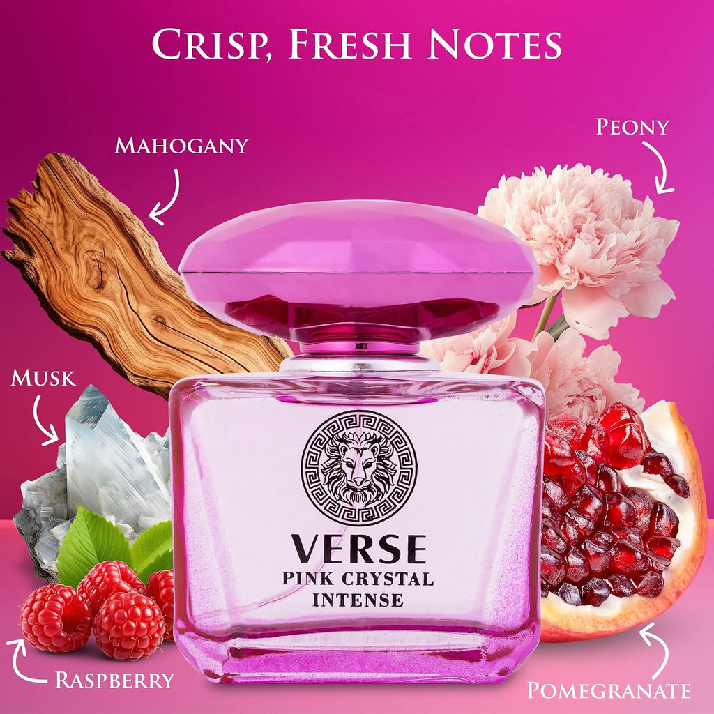 Verse Pink Crystal Intense For Women 3.4 Fl Oz - Fruity & Floral Scents Of Raspberry, Peony, Magnolia & Lotus Flowers - Base Notes Of Amber, Vibrant Musk & Deep Mahogany Wood - Elegant 100Ml Bottle