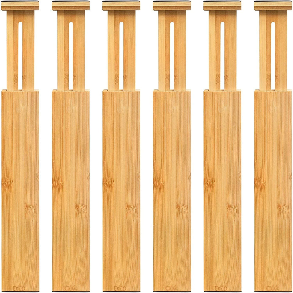 Vaefae 6-Pack Adjustable Bamboo Drawer Dividers, Expandable Drawer Organizer For Kitchen Utensils, Clothes, Bathroom, Office – Fits Drawer Interiors 16.6" To 21.8"