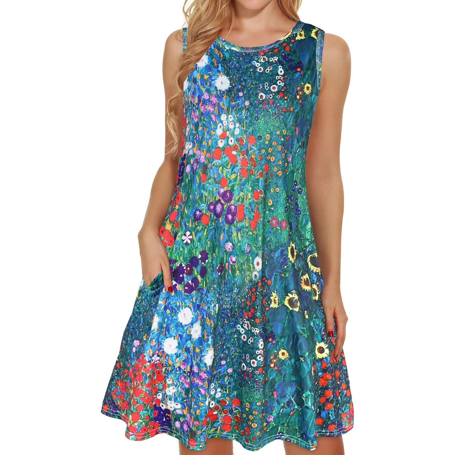 Elescat Women'S Summer Dresses 2026 Beach Casual Sleeveless Floral Print Tank Loose Sundress With Pocket