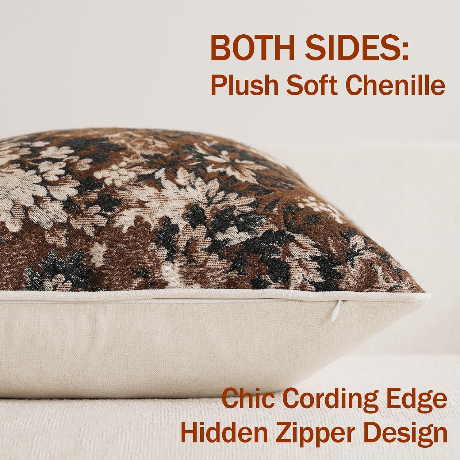 Pack Of 2 Vintage Floral Throw Pillow Covers 18X18 Boho Farmhouse Accents Chenille Square Decorative Pillow Cases For Living Room Couch Bed Home Decor, Dark Brown