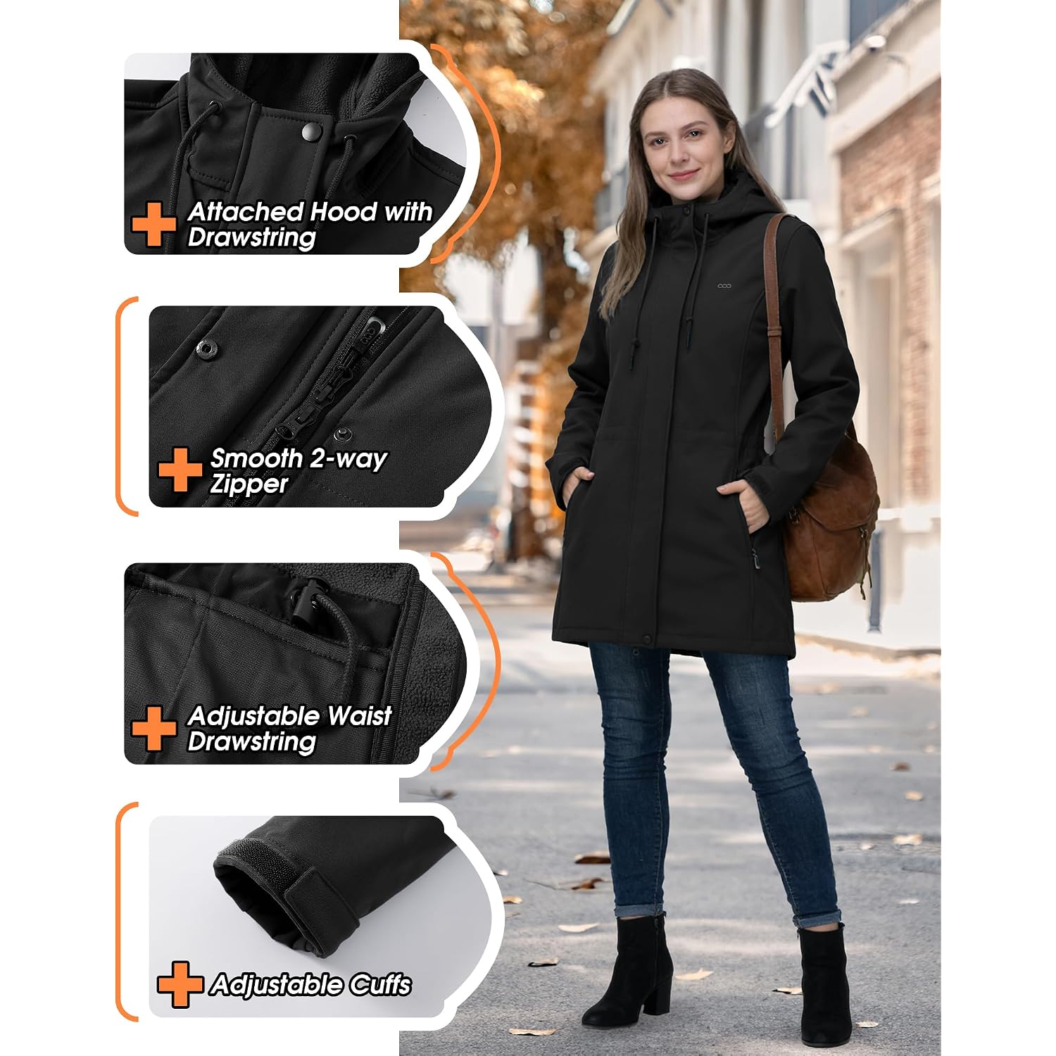 33,000Ft Women'S Softshell Long Jacket With Hood Fleece Lined Windproof Warm Up Waterproof Windbreaker