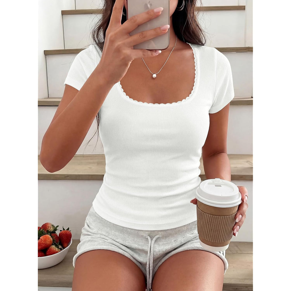 Prettygarden Women'S Short Sleeve Tops 2026 Summer Lace Trim Square Neck Slim Fitted Going Out Basic Tee Shirts Y2K Clothes