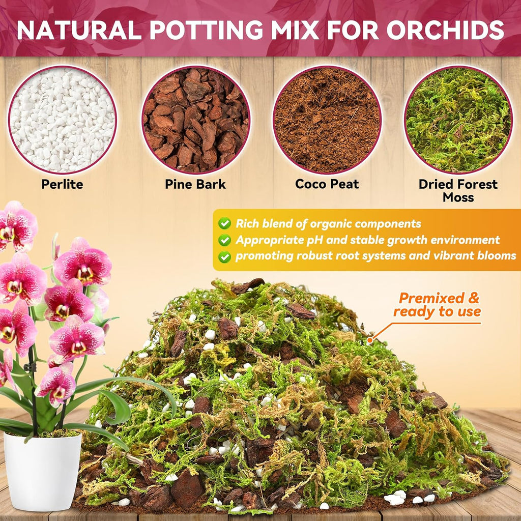 1Qt Orchid Potting Mix For Repotting- Orchid Repotting Kit Include Moss, Pine Bark, Perlite, Coco Peat- Premium Orchid Soil Medium For Indoor Potted Plants Root Ventilation & Expanding