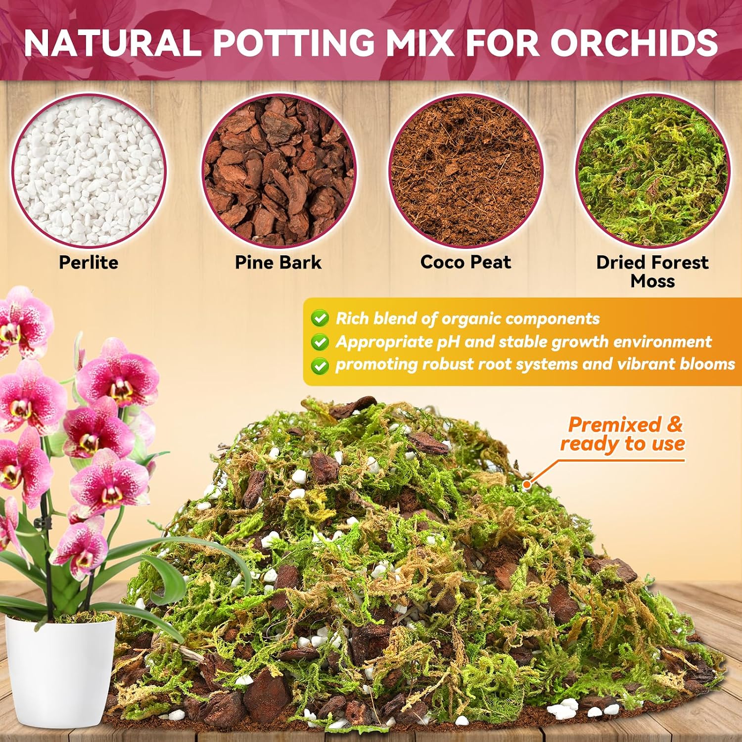 1Qt Orchid Potting Mix For Repotting- Orchid Repotting Kit Include Moss, Pine Bark, Perlite, Coco Peat- Premium Orchid Soil Medium For Indoor Potted Plants Root Ventilation & Expanding