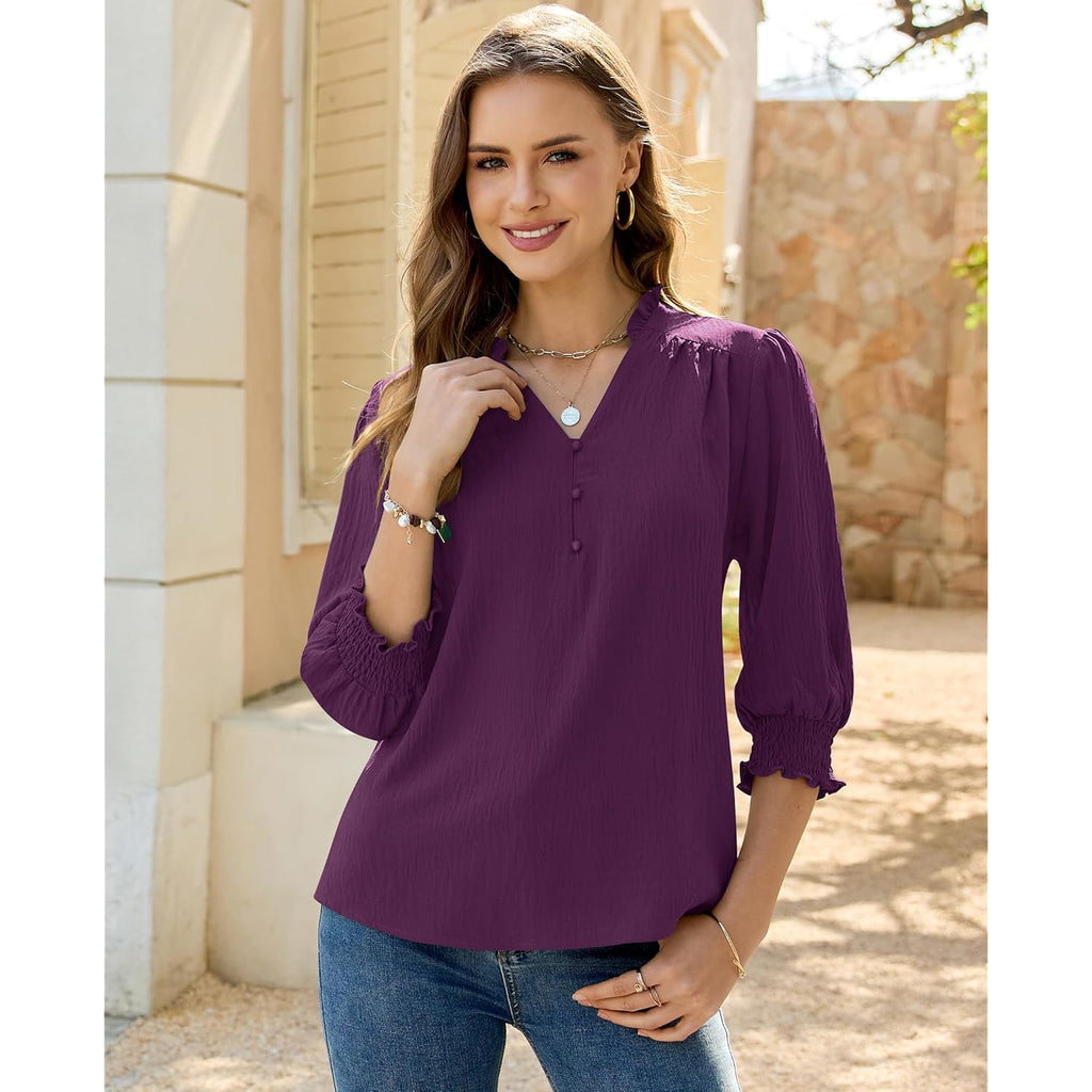 Blouses for Women Dressy Casual 3/4 Length Sleeve Womens Tops 2026 Fashion Spring Trendy Smocked Business Casual Work