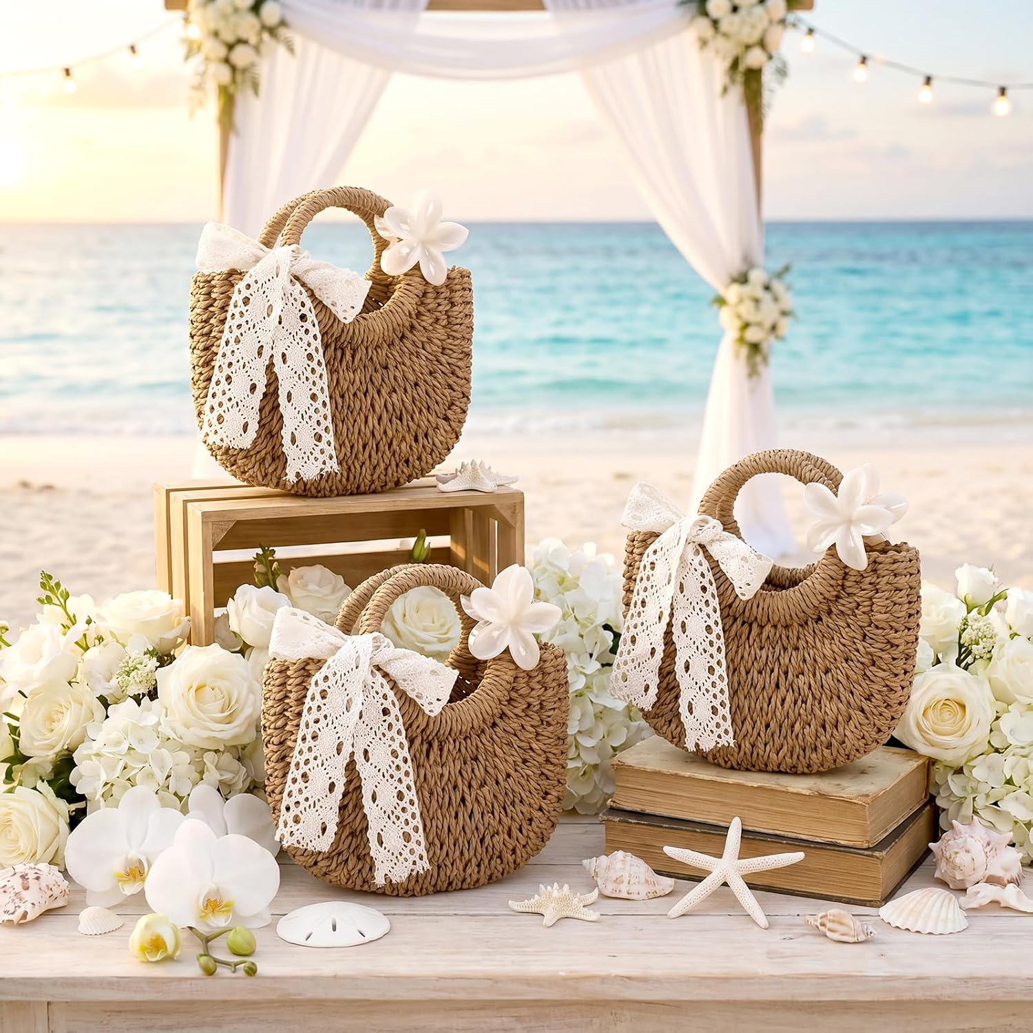 Straw Tote Bags With Flower Hair Clips Bridesmaid Boho Beach Bag Straw Purses Bulk Handmade Rattan Woven Handbags