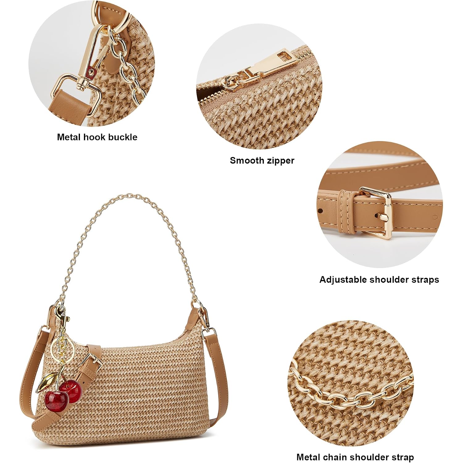 Women'S Straw Woven Shoulder Bag Beach Purse Summer Vacation Tote Handbag