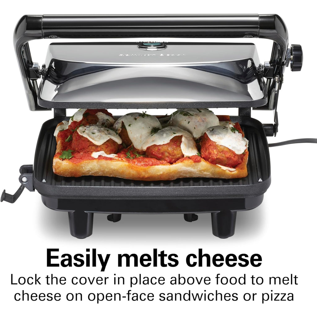 Hamilton Beach Panini Press Sandwich Maker & Electric Indoor Grill with Locking Lid, Opens Wide to Fit Any Thickness for Quesadillas, Burgers & More, Nonstick 8" x 10" Grids, Chrome (25460MNA)