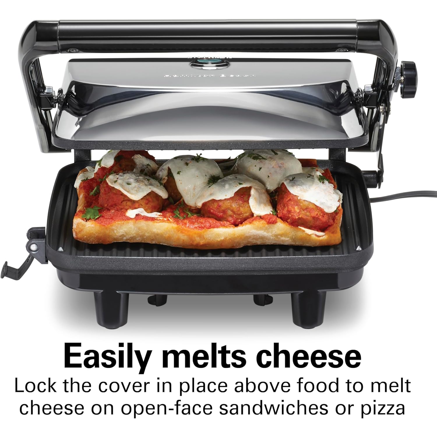 Hamilton Beach Panini Press Sandwich Maker & Electric Indoor Grill with Locking Lid, Opens Wide to Fit Any Thickness for Quesadillas, Burgers & More, Nonstick 8" x 10" Grids, Chrome (25460MNA)