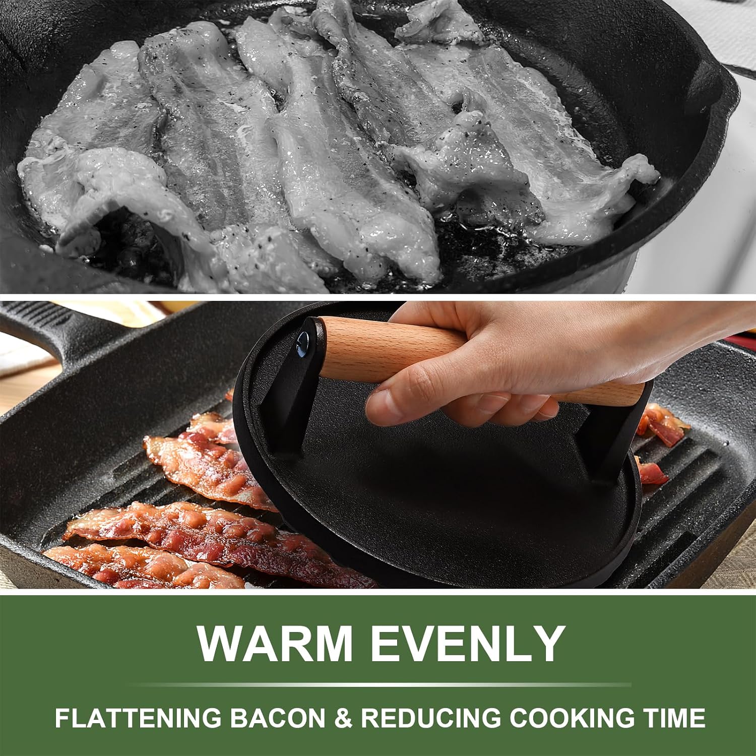 Ewfen Burger Press, 7" Round Heavy-Duty Cast Iron Smash Bacon Press Meat Steak With Wood Handle For Griddle, Sandwich, Nonstick Pan