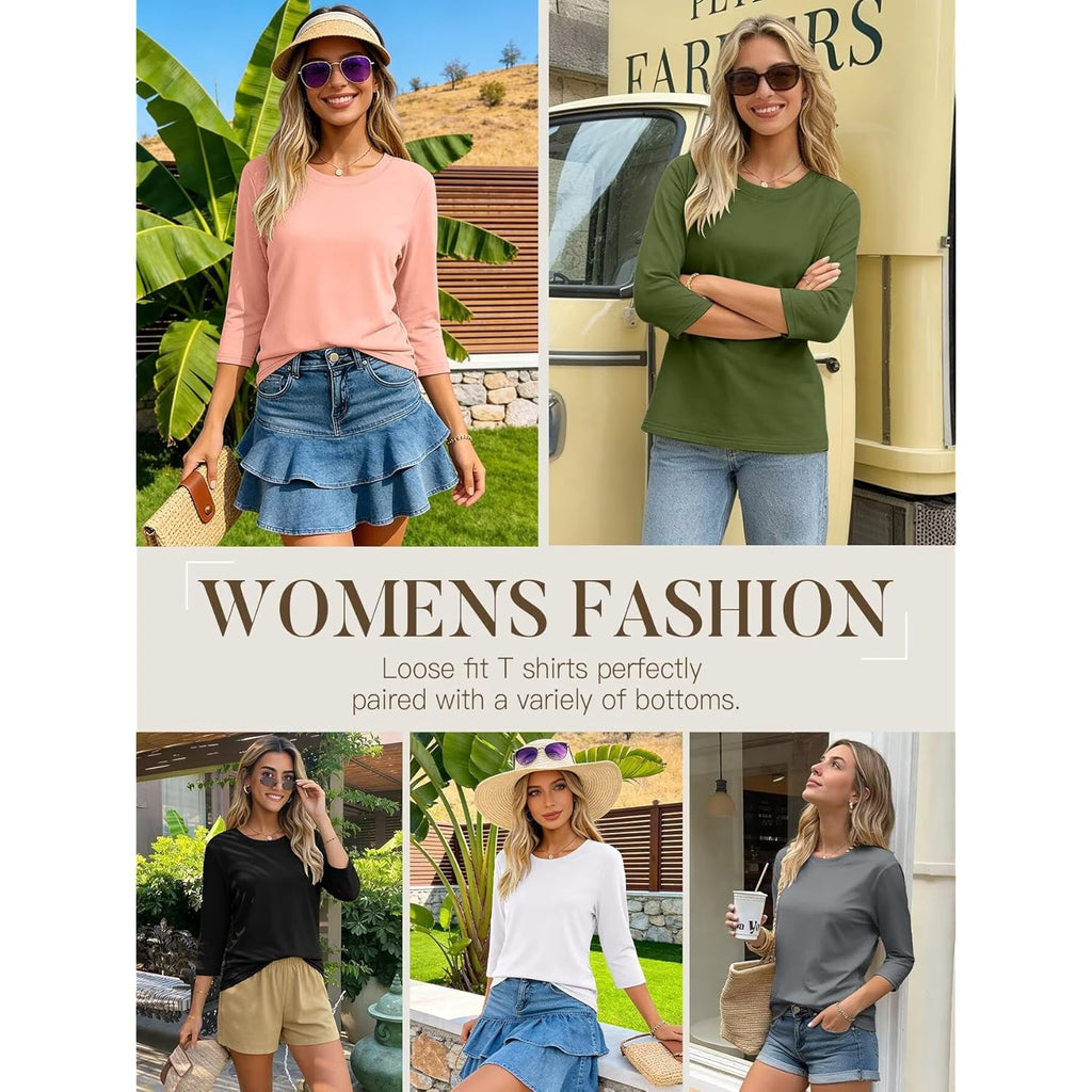 3 Pack 3/4 Sleeve Tops for Women Crewneck Basics Casual Work Tees Spring Summer Trendy T Shirts 2026 Clothes Blouses