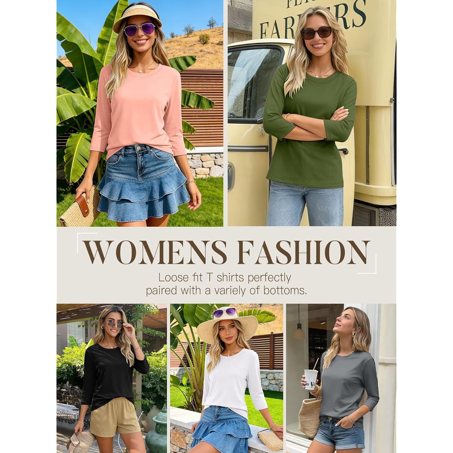 3 Pack 3/4 Sleeve Tops for Women Crewneck Basics Casual Work Tees Spring Summer Trendy T Shirts 2026 Clothes Blouses
