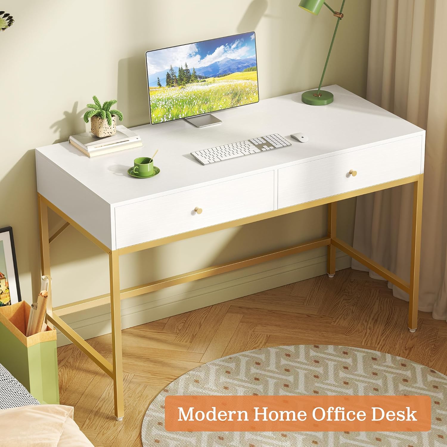 Superjare Vanity Desk With Drawers, 47 Inch Computer Desk, Modern Simple Home Office Desks, Makeup Dressing Table For Bedroom - White And Gold