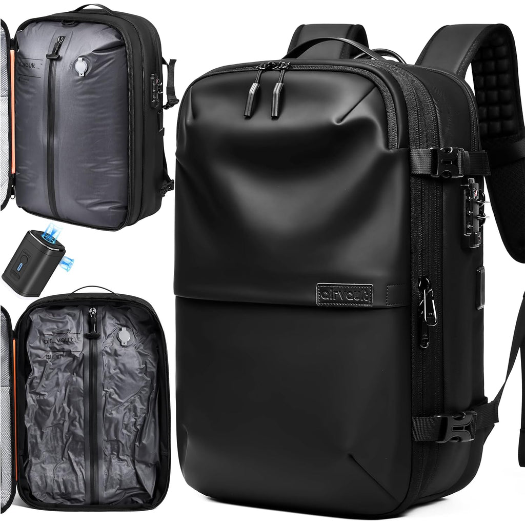 Airvault Vacuum Seal Travel Backpack 60L With Expandable Hyperseal Air Compression Vacuum System Water Resistant Tsa Lock (Vacuum Pump Included, Black, 60L)