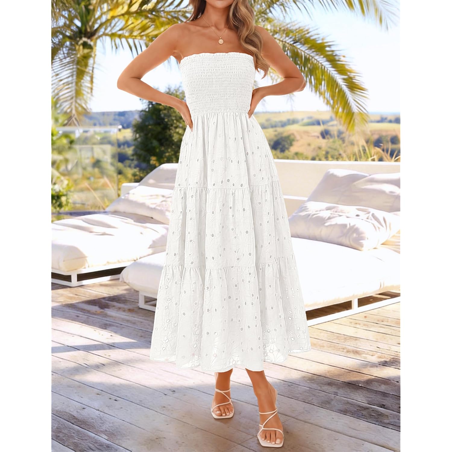 Zesica Womens 2026 Summer Boho Strapless Midi Dresses Off Shoulder Smocked Eyelet Wedding Guest Beach Long Dress Pockets
