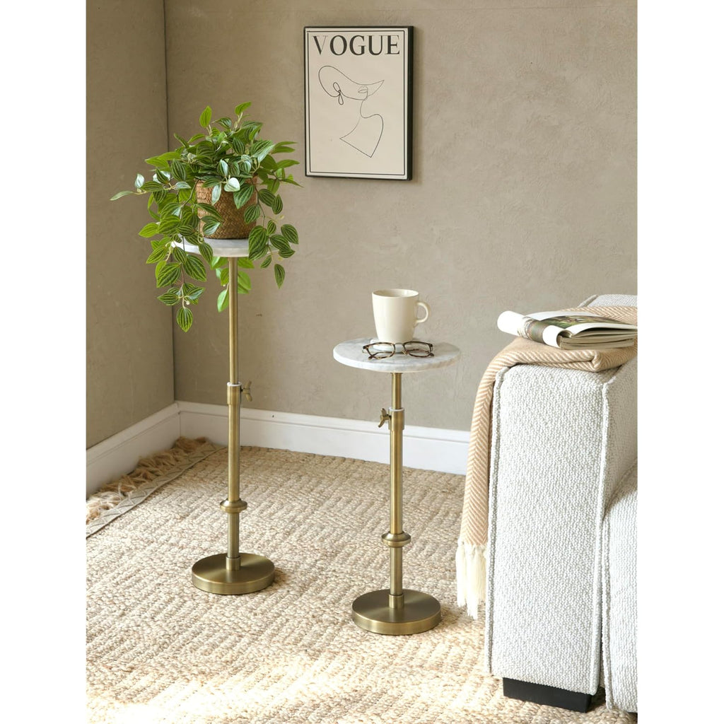 Adjustable-Height Marble Drink Table - 10X10X22-30, White Marble & Antique Brass, Modern Round End Table, Side Table With Pedestal Stand For Small Spaces, Vintage Metal Martini Cocktail Accent