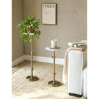 Adjustable-Height Marble Drink Table - 10X10X22-30, White Marble & Antique Brass, Modern Round End Table, Side Table With Pedestal Stand For Small Spaces, Vintage Metal Martini Cocktail Accent