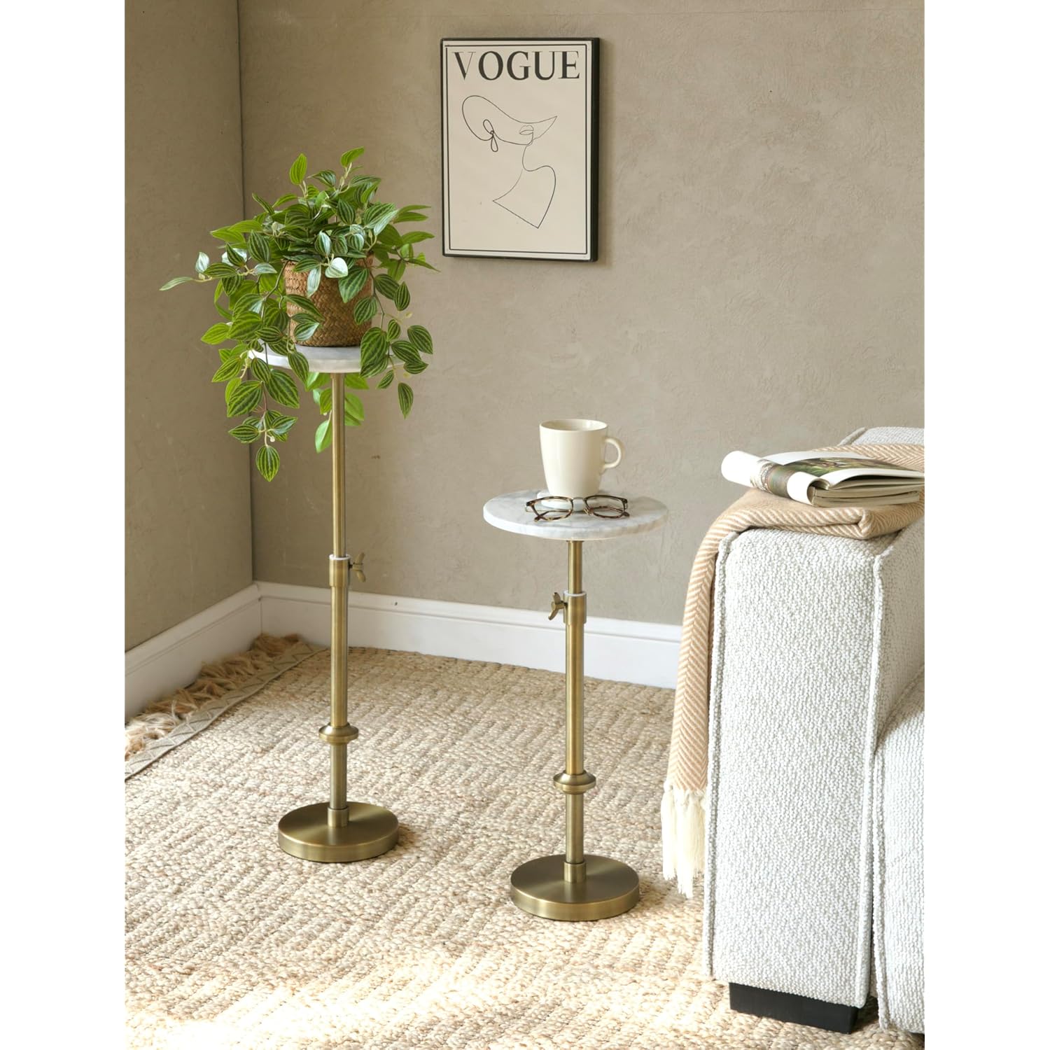 Adjustable-Height Marble Drink Table - 10X10X22-30, White Marble & Antique Brass, Modern Round End Table, Side Table With Pedestal Stand For Small Spaces, Vintage Metal Martini Cocktail Accent