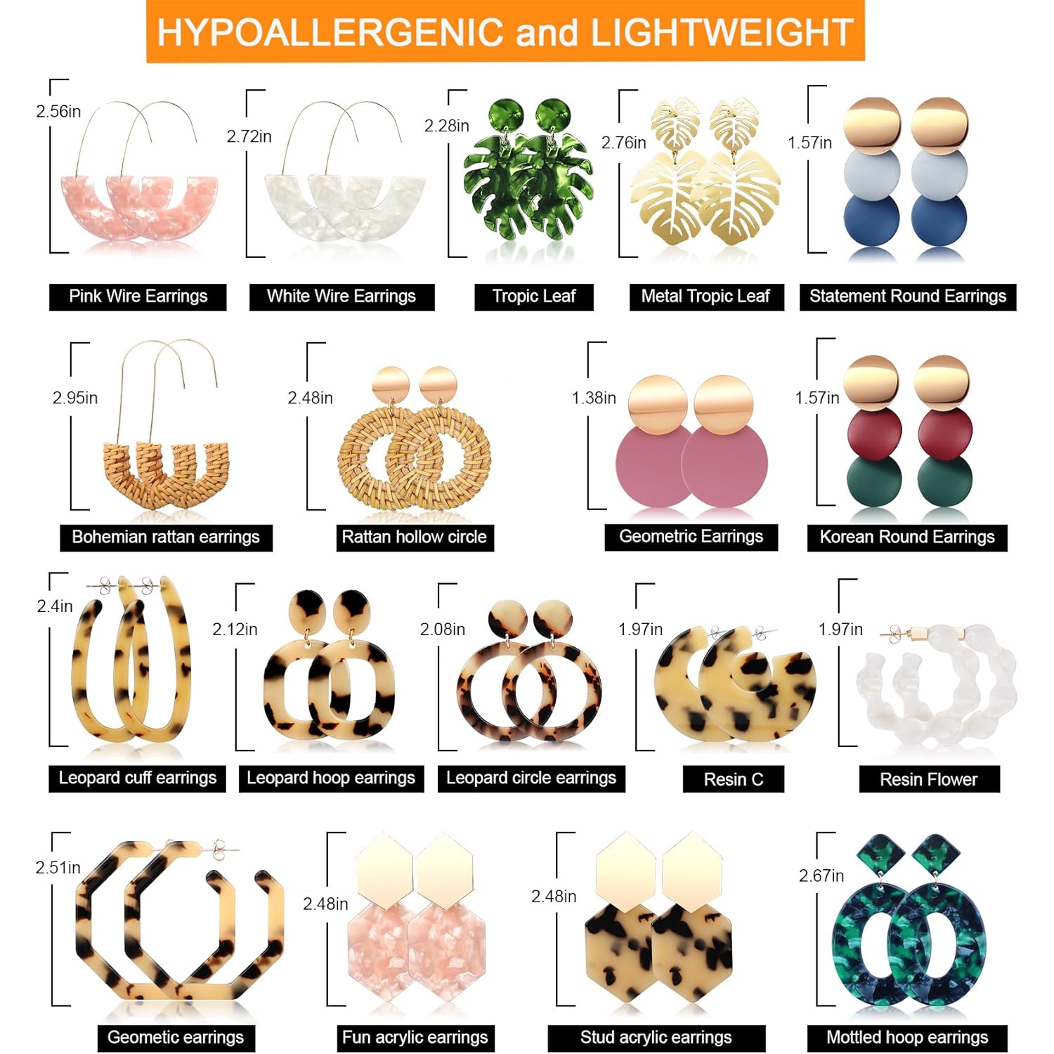 18 Pairs Vacation Statement Earrings for Women Straw Rattan Earrings Acrylic Resin Hoop Drop Dangle Earrings Set Hypoallergenic for Sensitive Ears