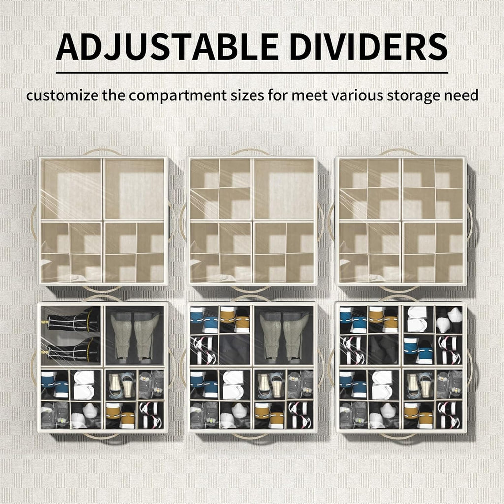 Shoe Organizer For Closet, Foldable Shoe Storage With Adjustable Dividers | Fabric Shoe Storage Organizer Box Bin With Adjustable Dividers And Clear Cover, Fits Up To 16-32 Pairs