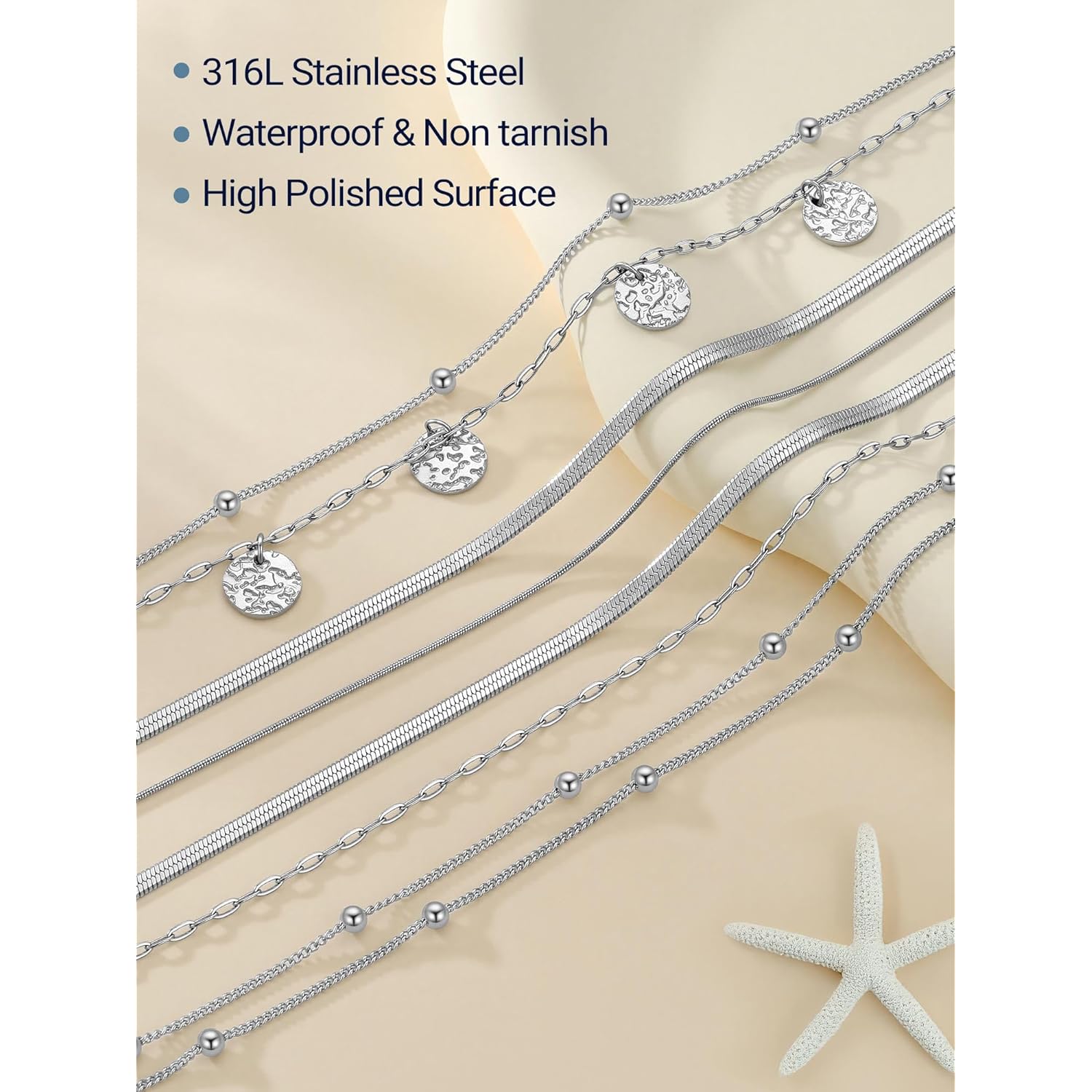 PROSTEEL Ankle Bracelets for Women Waterproof, Layered Stainless Steel Summer Beach anklets, Silver/Gold 8-10.5 Inch Adjustable, Come with Box