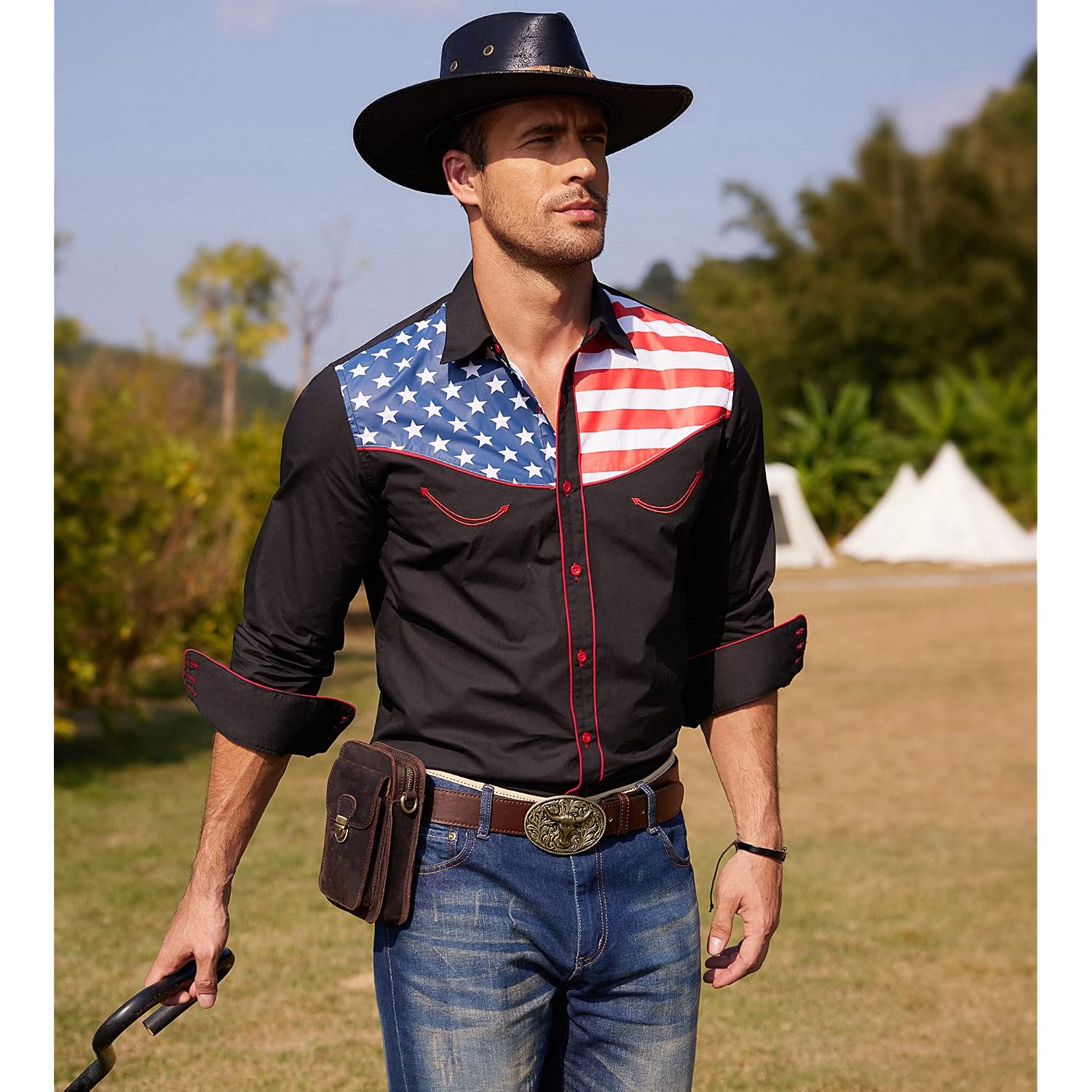 Coofandy Men'S American Flag Button Down Shirts Western Cowboy Shirt Slim Fit Patriotic Long Sleeve Shirt