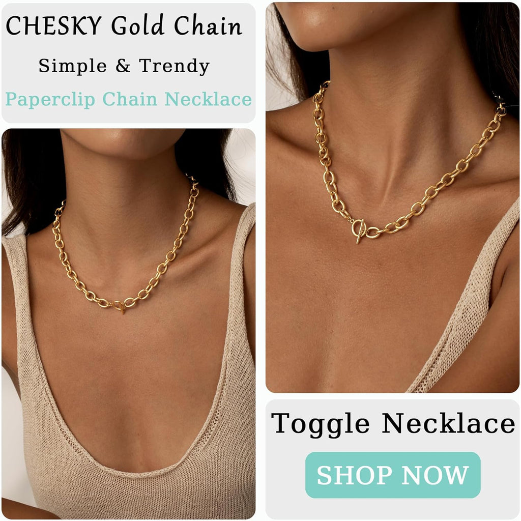 CHESKY 14K Gold Plated Chunky Necklace for Women, Trendy Paperclip Chain Necklace Thick Cross Heart Pendant Necklace Layered Herringbone Cuban Link Chain Toggle Necklaces Non Tarnish Jewelry