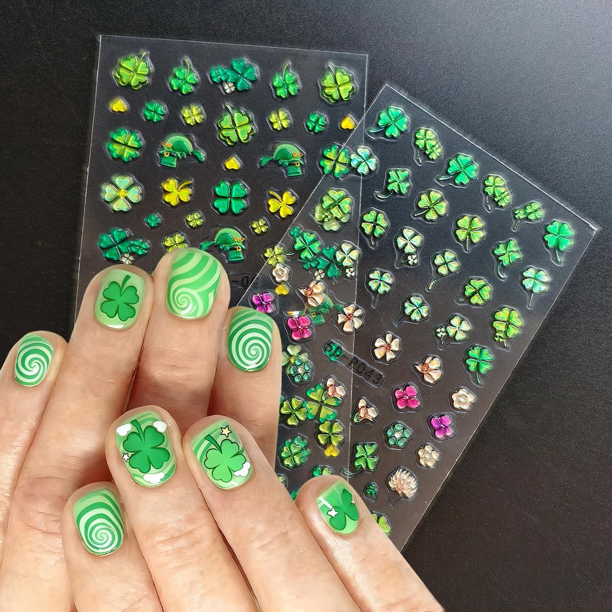 2 Sheets Green Shamrock Nail Art Stickers 5D Embossed St. Patrick's Day Nails Stickers Self Adhesive Nail Decals Shamrocks Green Nails Design Supplies for Women St. Patrick's Day Manicure Decoration