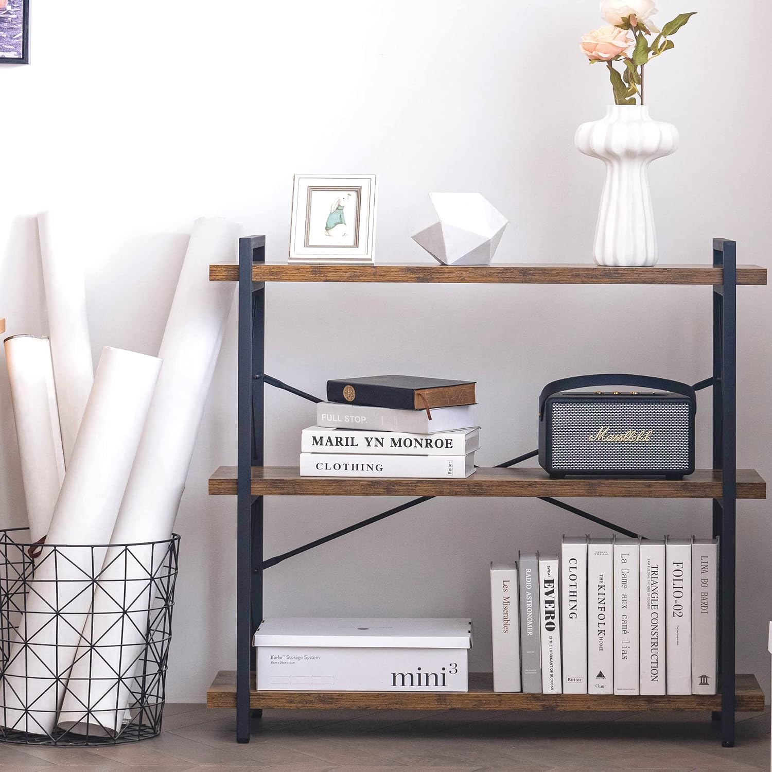 Hchqhs 3-Tier Industrial Bookshelf, 35" W X 12" D X 35" H | 1.2" Shelf Thickness, 14.17" Shelf Height, Wood And Metal, Horizontal, Rustic Brown, For Office Living Room Bedroom