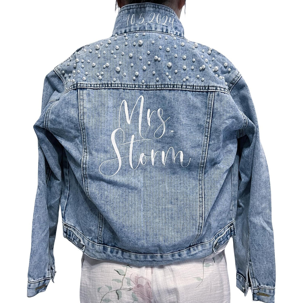 Custom Embroidered Bridal Denim Jacket, Women'S Pearl Denim Jacket With Name,Made Of Embroidery,Suitable For Bachelorette Party, Wedding,Honeymoon, Wedding Gift, Bridal Gift