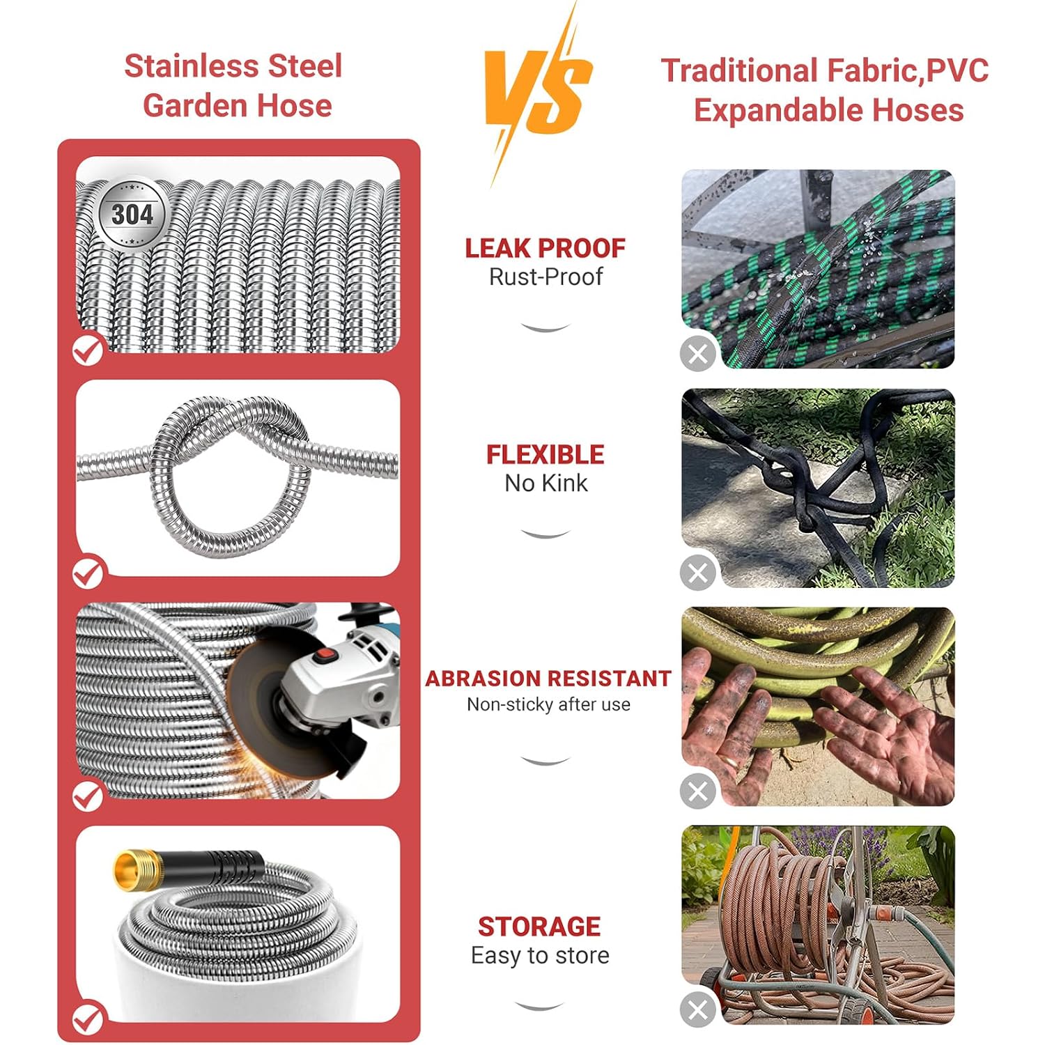 100Ft Metal Garden Hose - Heavy Duty 304 Stainless Steel Flexible Water Hose, No Kinks & Leak-Proof With Upgraded Handle, 10-Function Spray Nozzle & 4 Spare Gaskets For Yard, Rv, Pet Bath